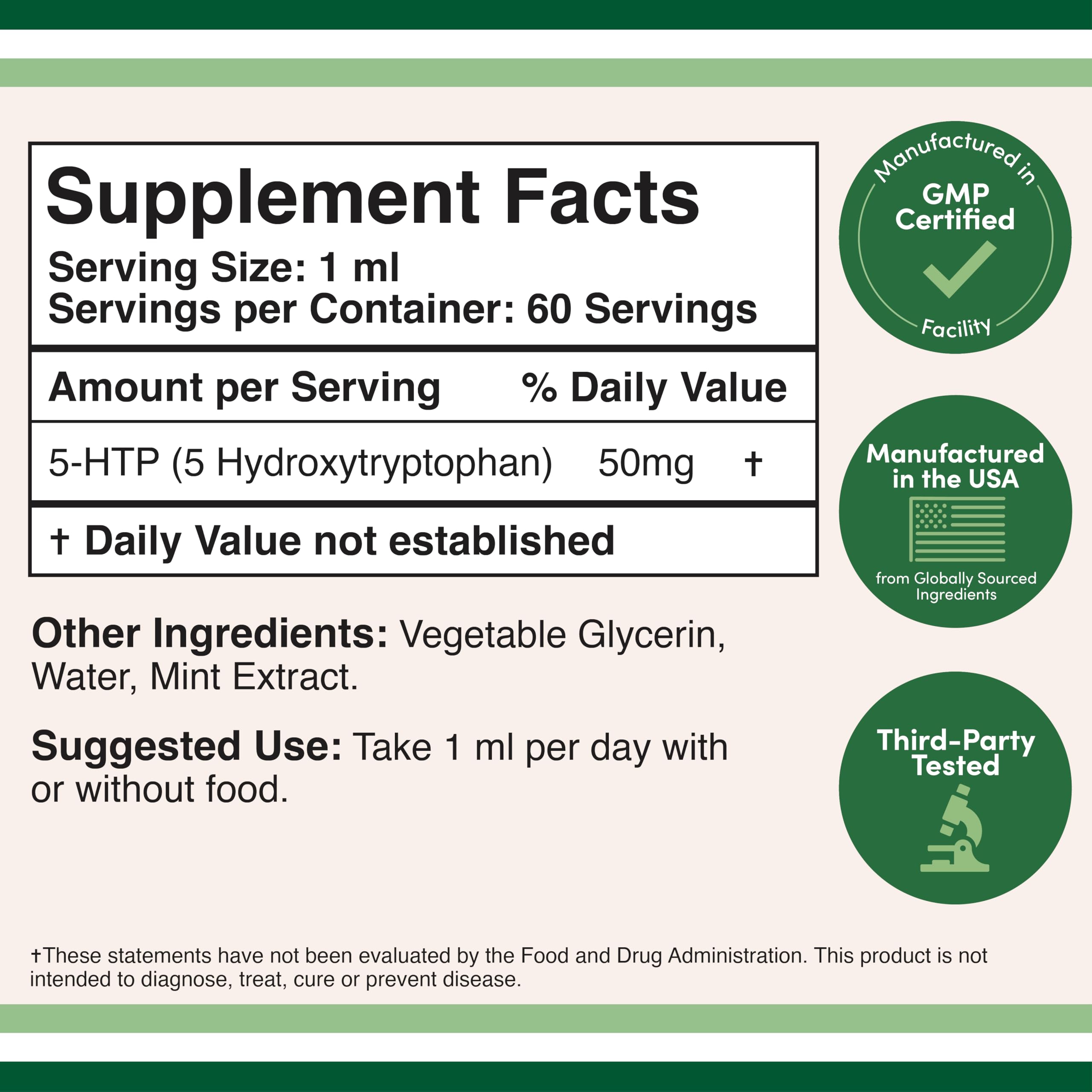 Liquid 5-HTP supplement bottle showing 60 servings and 50mg dosage.