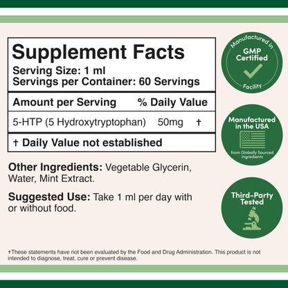 Liquid 5-HTP supplement bottle showing 60 servings and 50mg dosage.