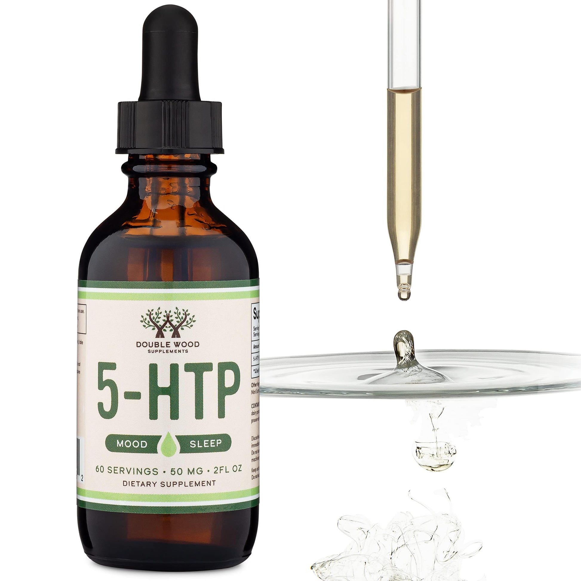 Double Wood 5-HTP drops label with vegetable glycerin and mint extract ingredients.