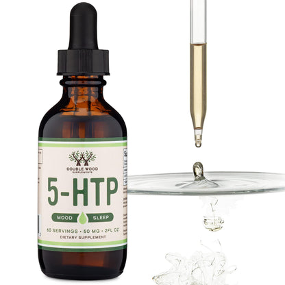 Double Wood 5-HTP drops label with vegetable glycerin and mint extract ingredients.