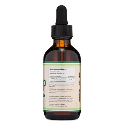 Glass dropper showing the liquid consistency of the high absorption 5-HTP formula.