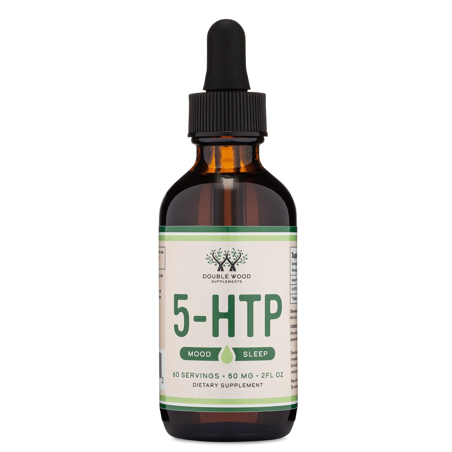 Side view of Double Wood 5-HTP bottle showing supplement facts and purity details.