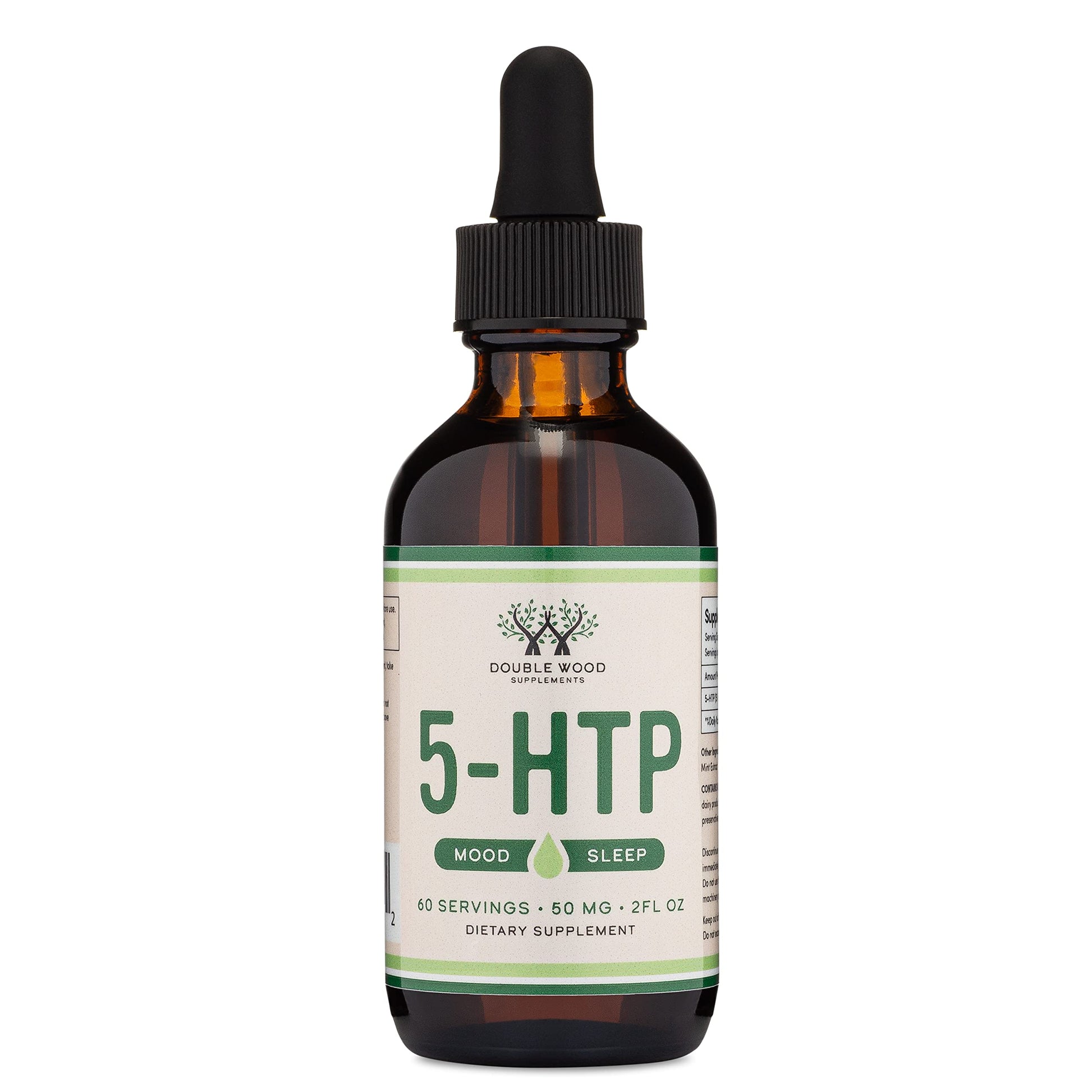 Side view of Double Wood 5-HTP bottle showing supplement facts and purity details.