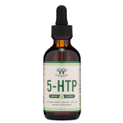 Side view of Double Wood 5-HTP bottle showing supplement facts and purity details.