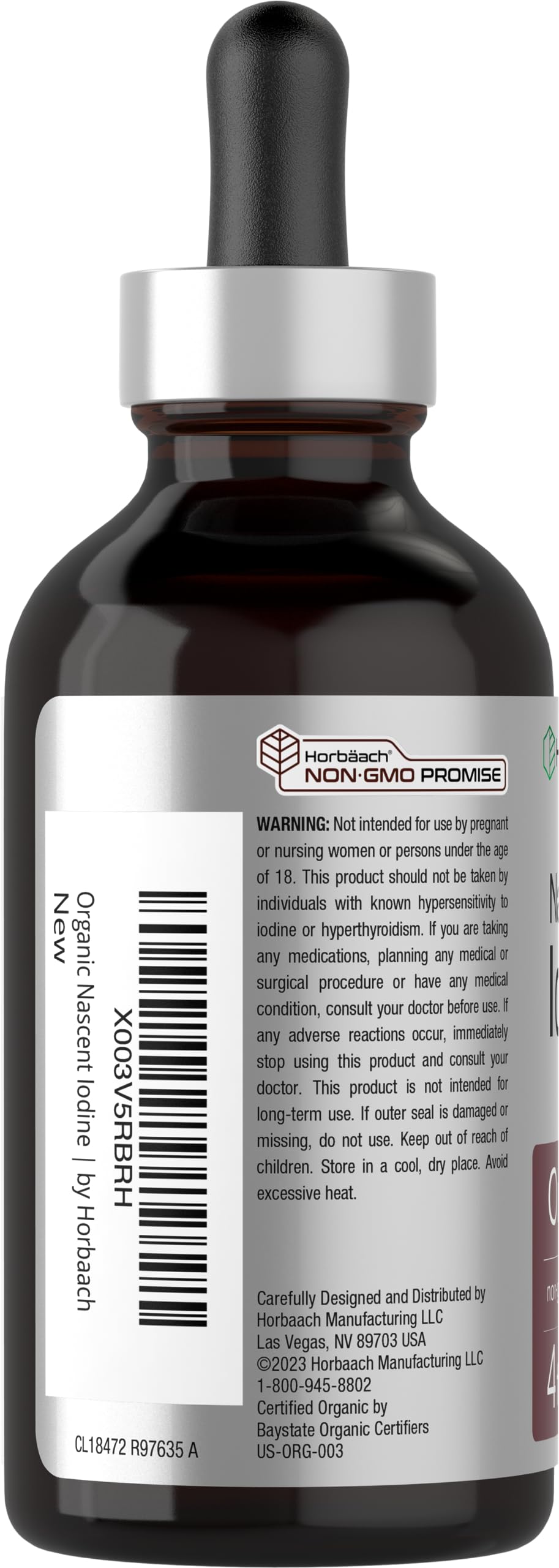 Liquid iodine tincture bottle with dropper showing organic ingredients