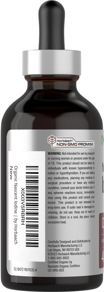 Liquid iodine tincture bottle with dropper showing organic ingredients