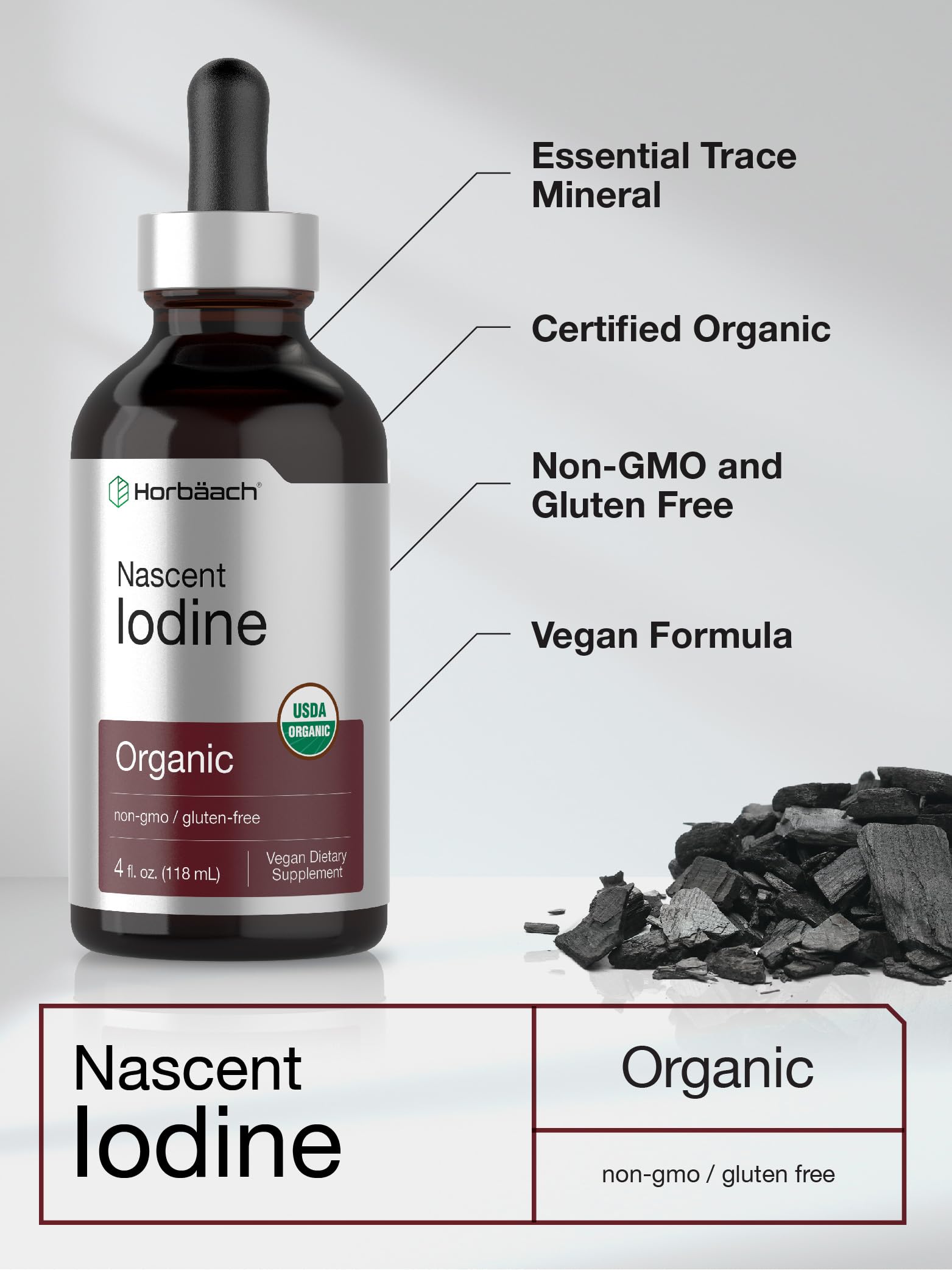 Horbaach Nascent Iodine vegan and non-GMO certification seals