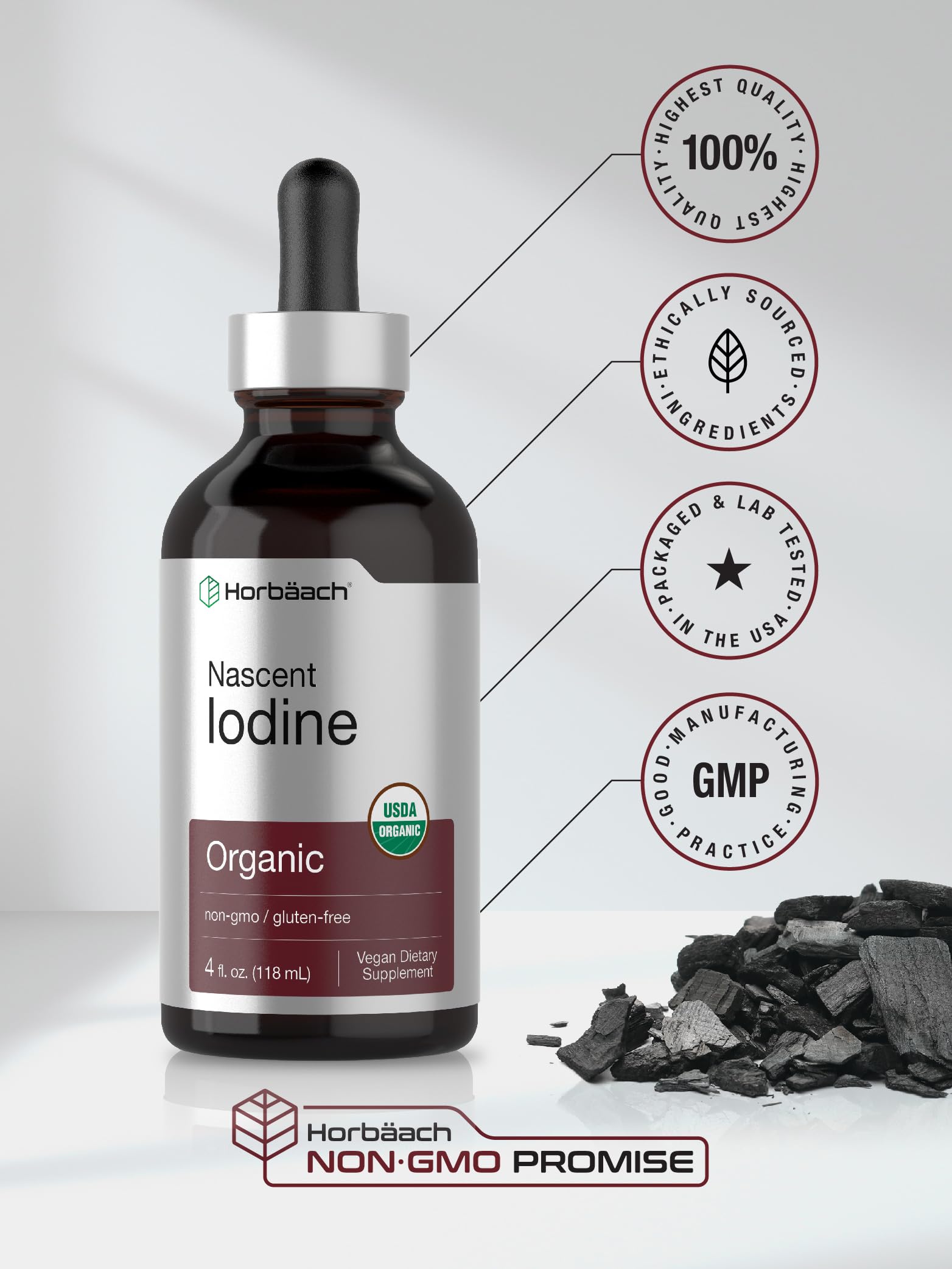 Close up of Horbaach Nascent Iodine liquid drops consistency