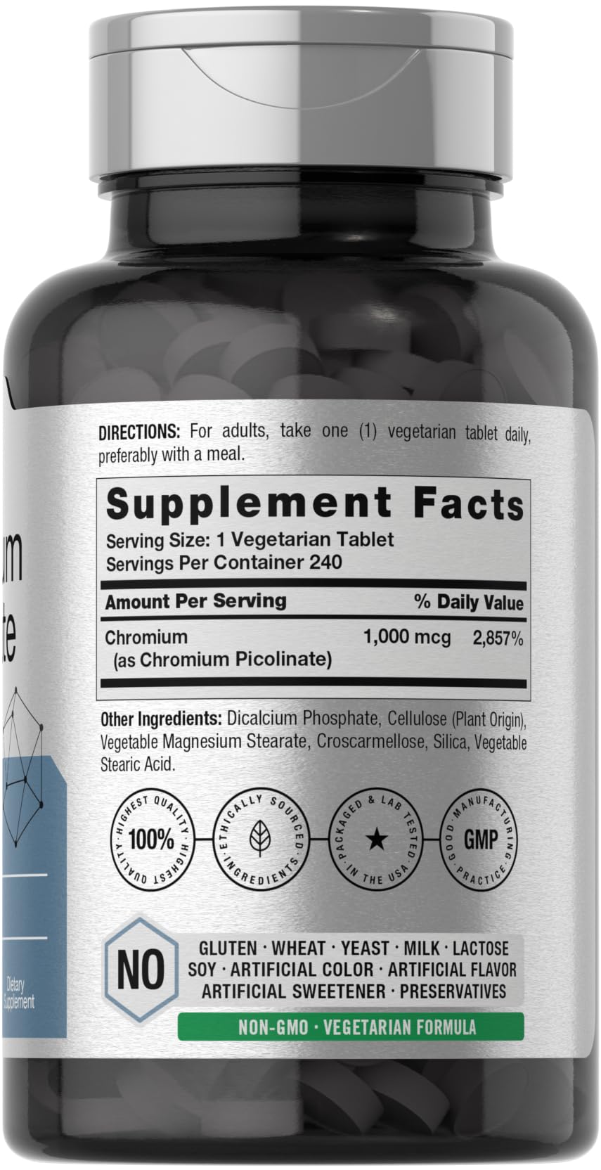 Horbaach chromium picolinate high potency supplement facts label side view