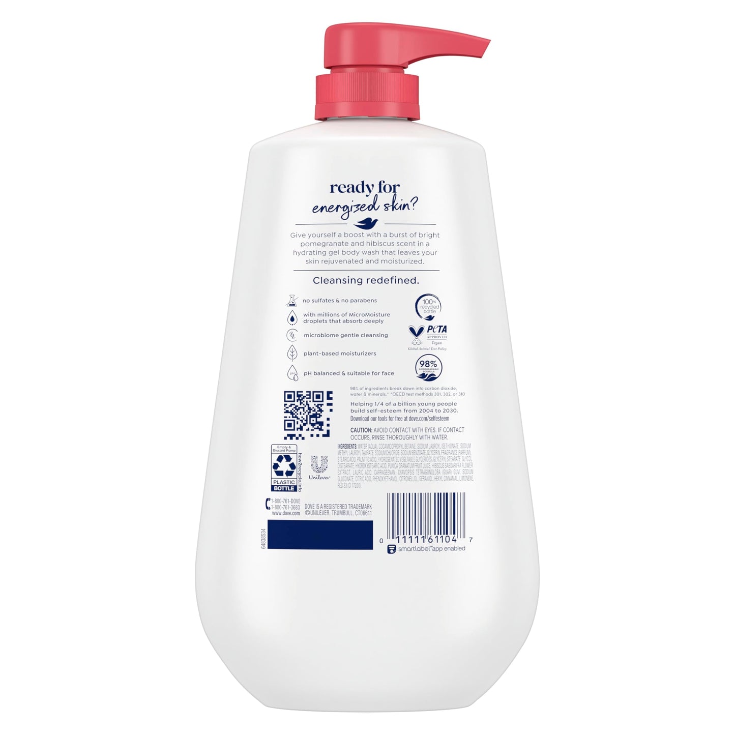 Dove moisturizing skin cleanser showing back label ingredients and usage directions