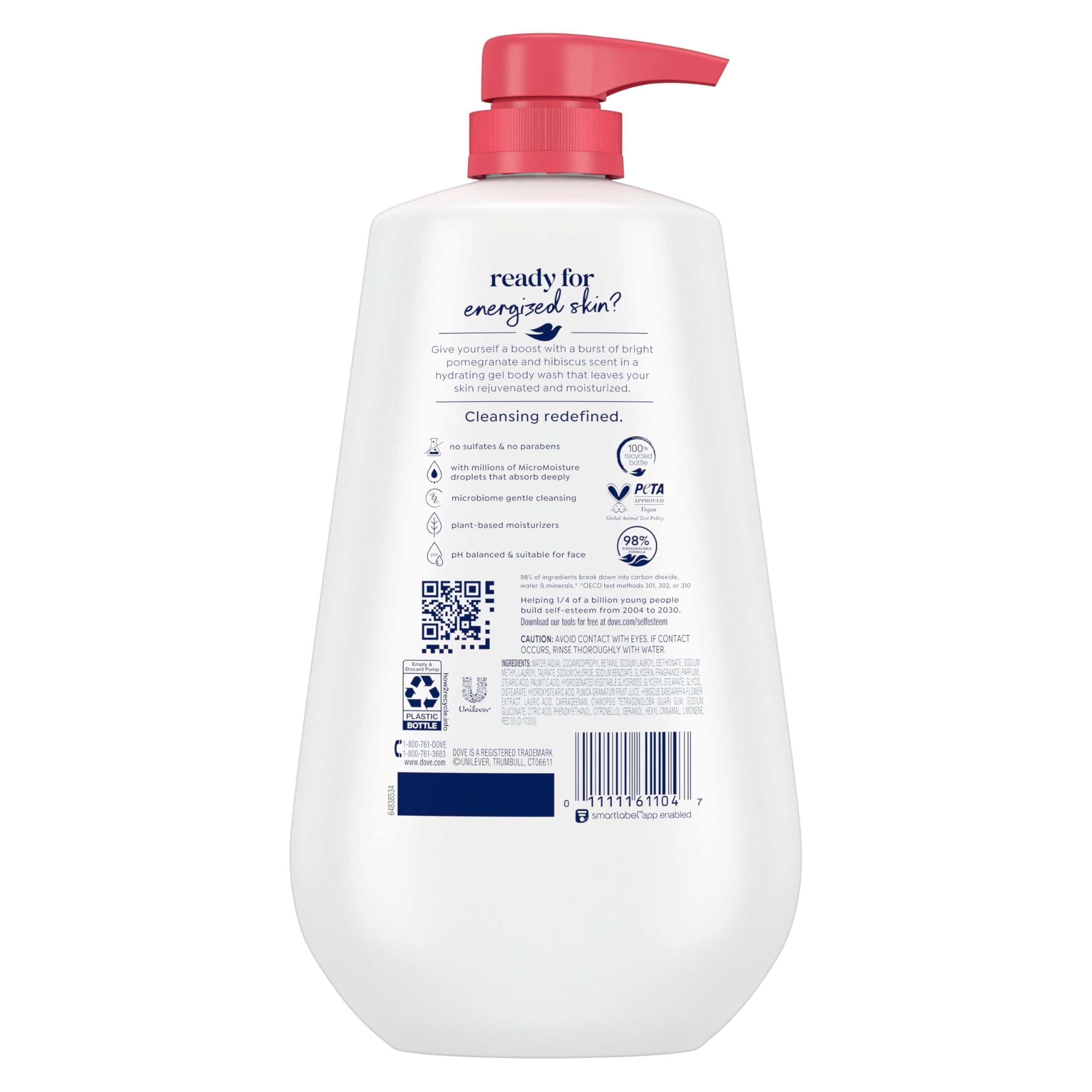 Dove moisturizing skin cleanser showing back label ingredients and usage directions