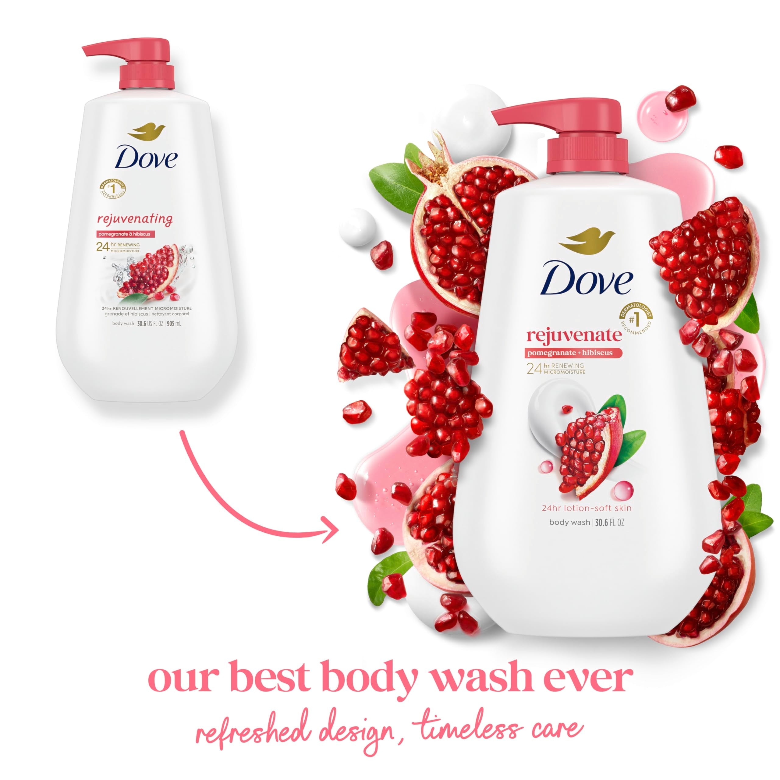 Oversized thirty point six fluid ounce Dove shower gel pump bottle close up