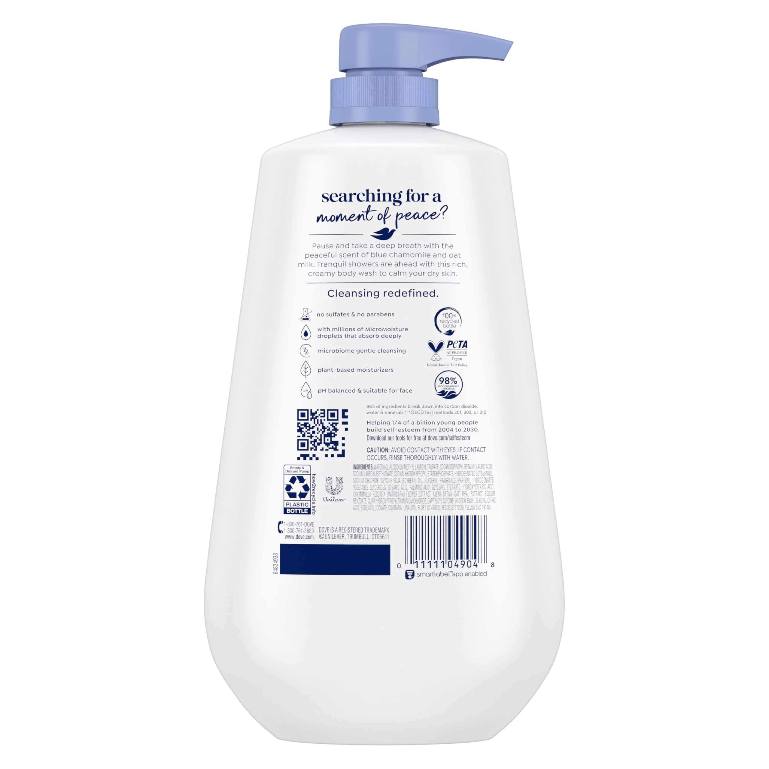 Dove blue chamomile and oat milk body cleanser showing product details and pump mechanism
