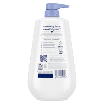 Dove blue chamomile and oat milk body cleanser showing product details and pump mechanism