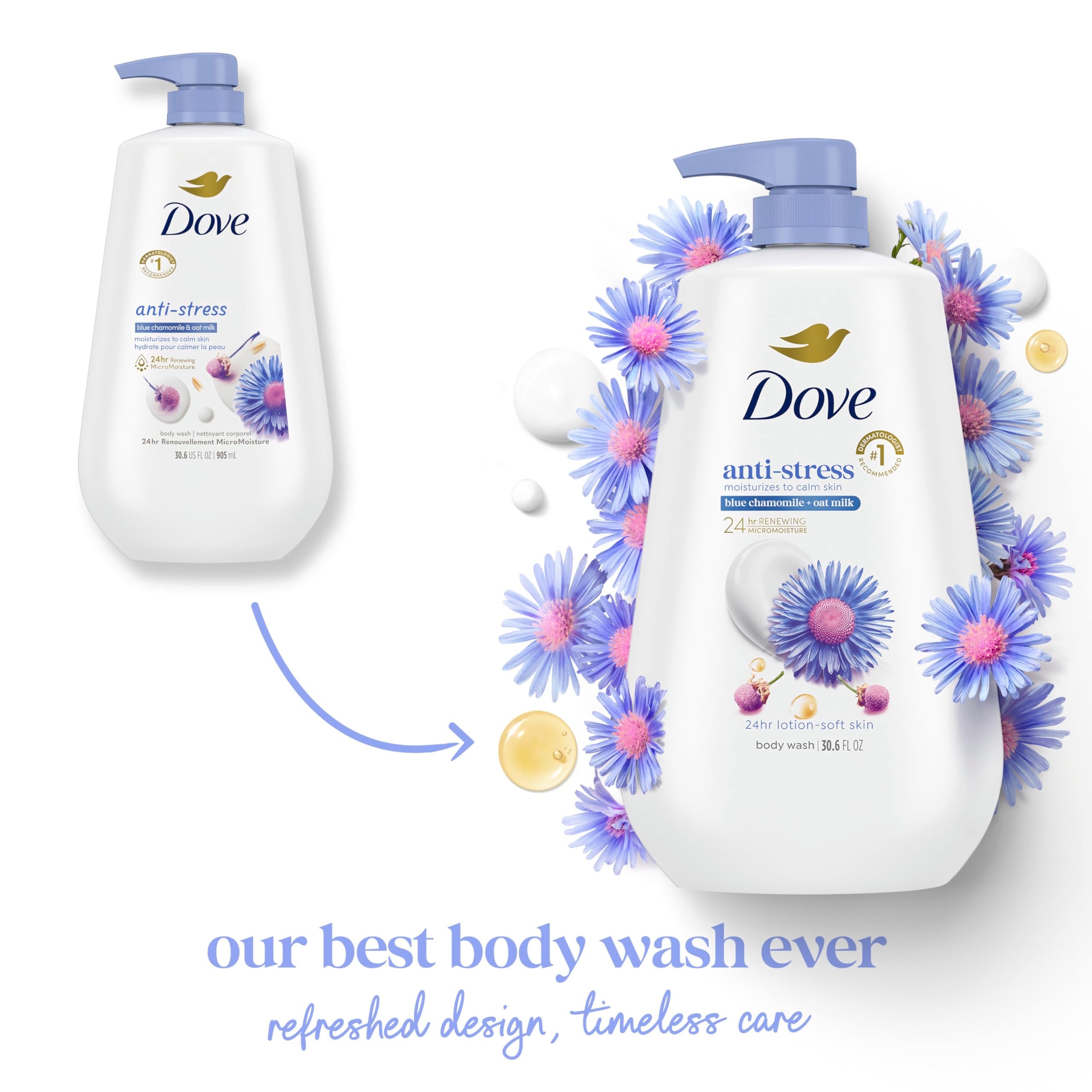 Imported Dove moisturizing skin cleanser bottle highlighting the twenty four hour MicroMoisture label