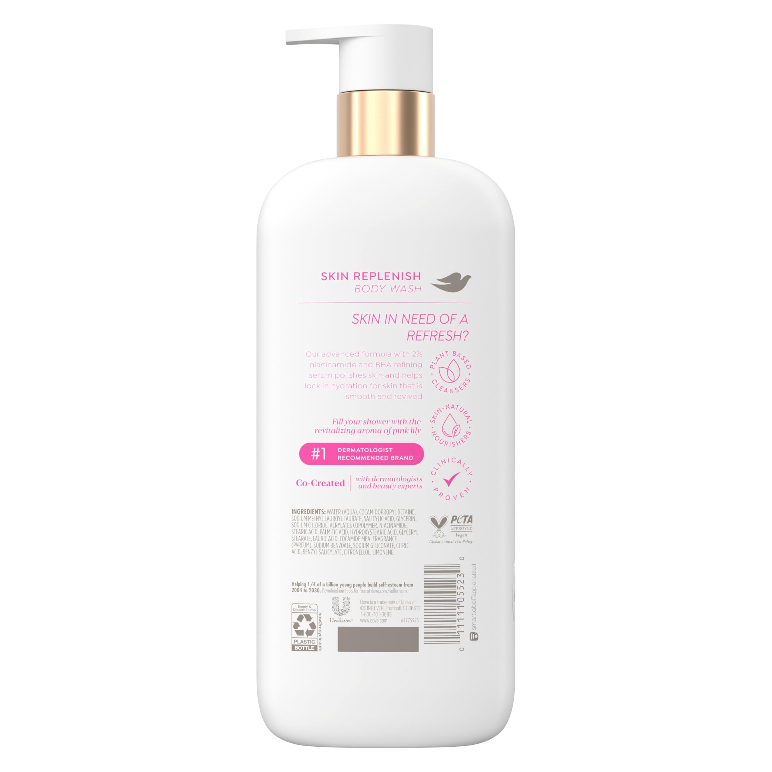 Close up of Dove Skin Replenish bottle showcasing Niacinamide and BHA ingredients