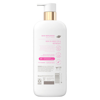 Close up of Dove Skin Replenish bottle showcasing Niacinamide and BHA ingredients