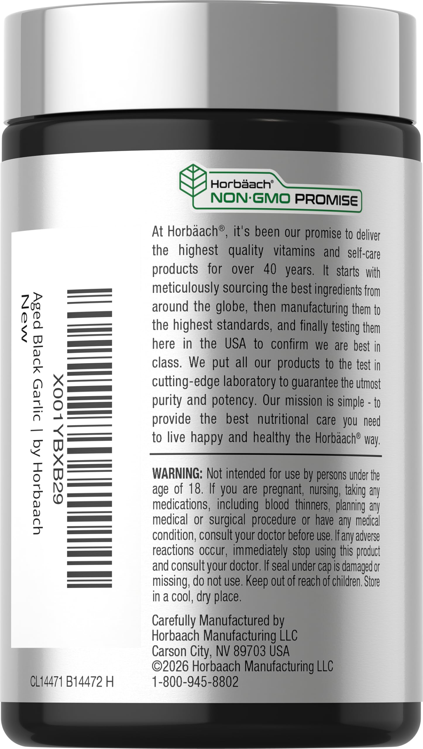 Horbäach odorless aged garlic extract vegetarian capsules label details