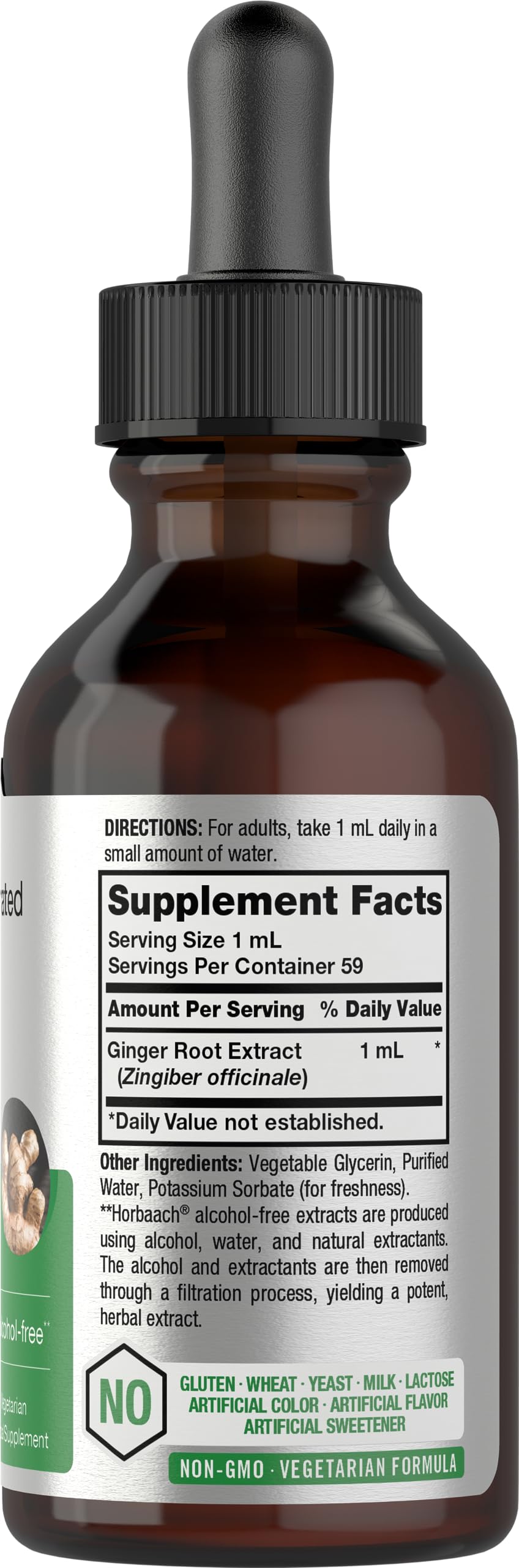 Horbäach Ginger Root Liquid Supplement showing the clean alcohol-free label facts.