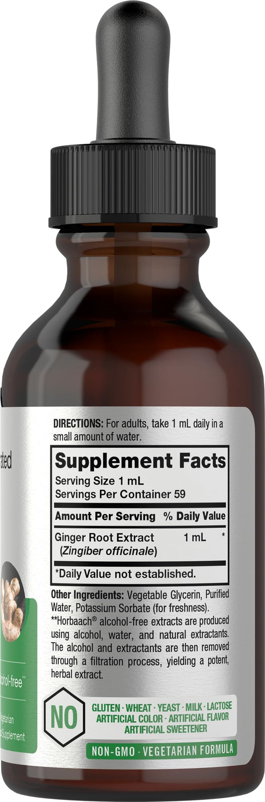 Horbäach Ginger Root Liquid Supplement showing the clean alcohol-free label facts.
