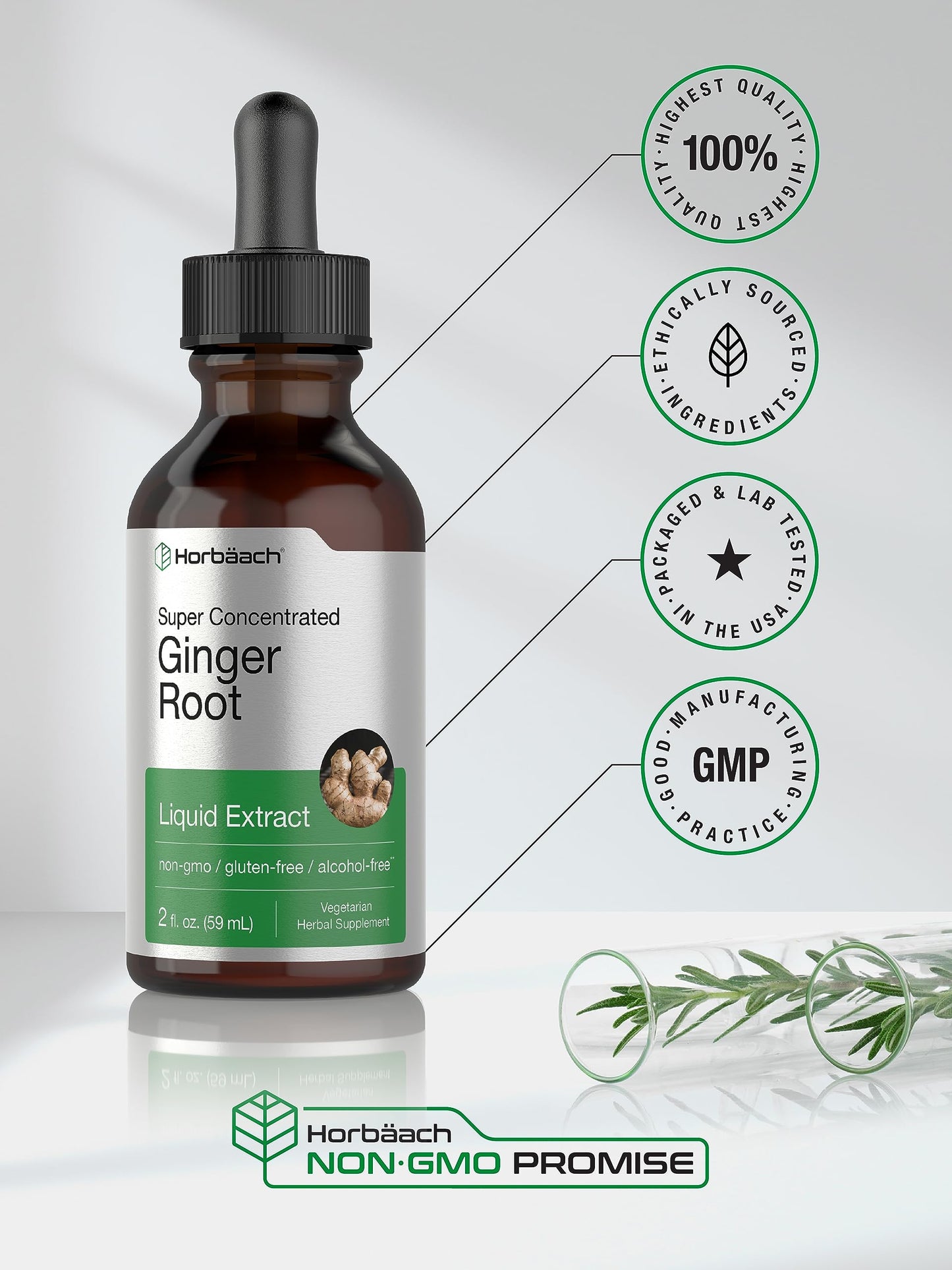 Horbäach imported USA ginger root drops highlighting the gluten-free formula details.