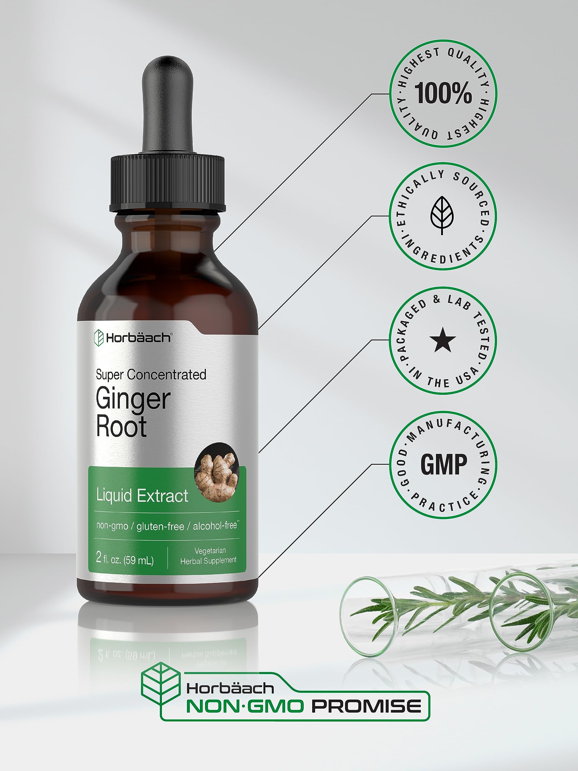 Horbäach imported USA ginger root drops highlighting the gluten-free formula details.