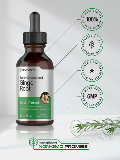 Horbäach imported USA ginger root drops highlighting the gluten-free formula details.