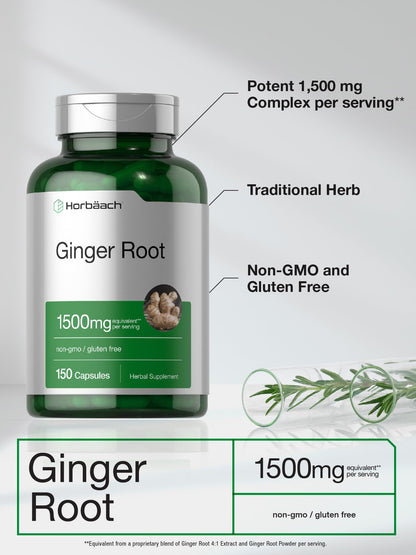 Non-GMO and gluten-free authenticated ginger root pills label close up