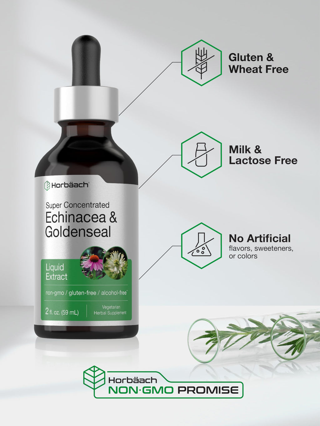Horbäach liquid extract bottle showing gluten-free and non-GMO labels