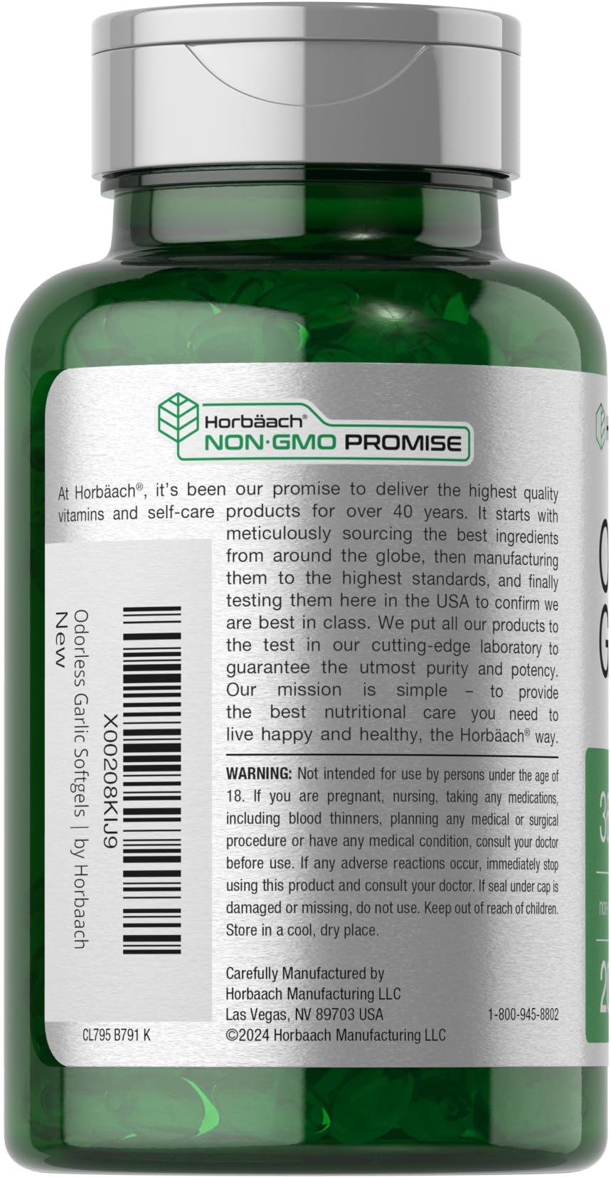 Quick release odorless garlic softgels poured next to the packaging bottle.