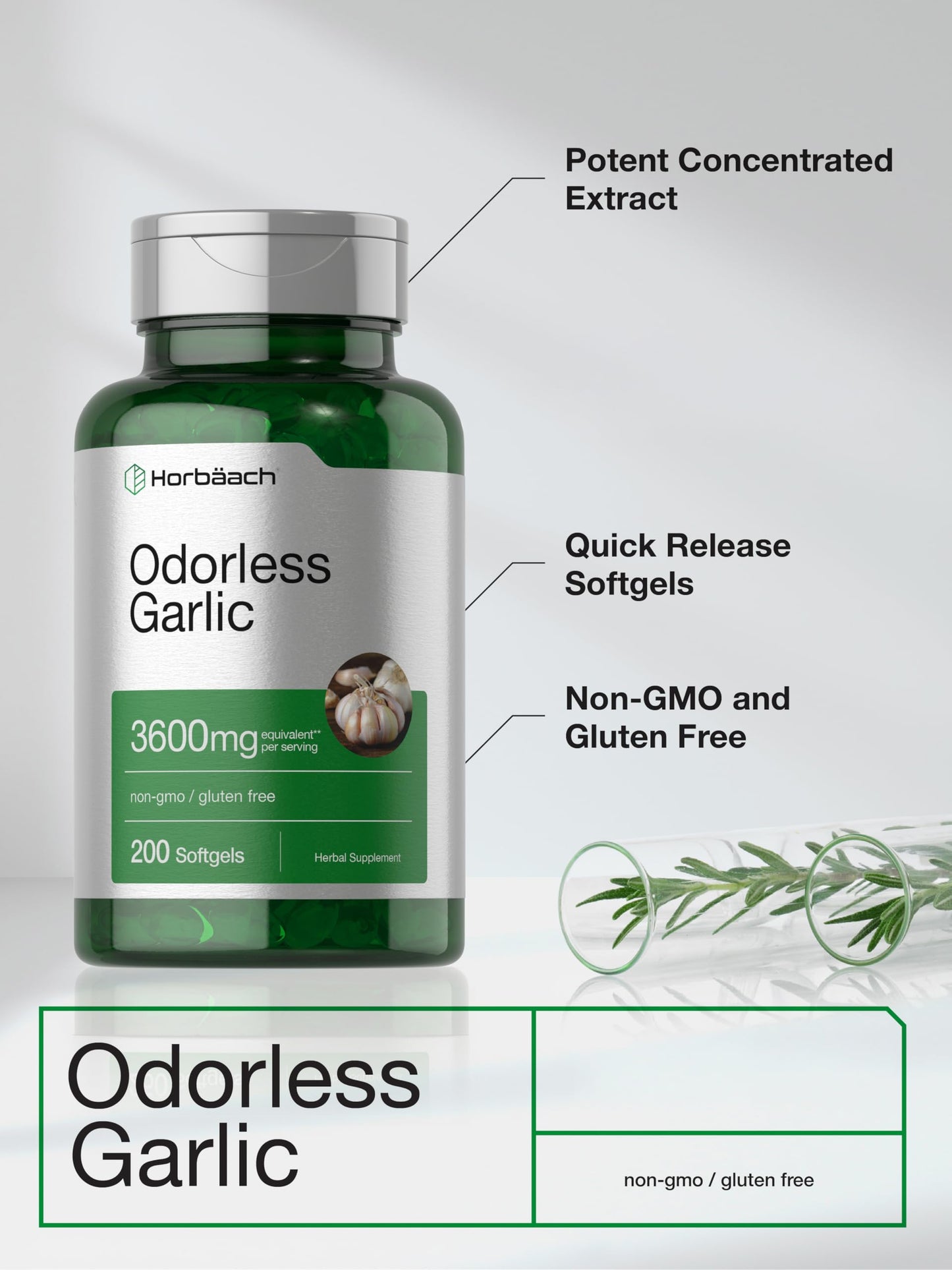 Authentic Horbäach non-GMO and gluten free garlic herbal pills packaging close up.