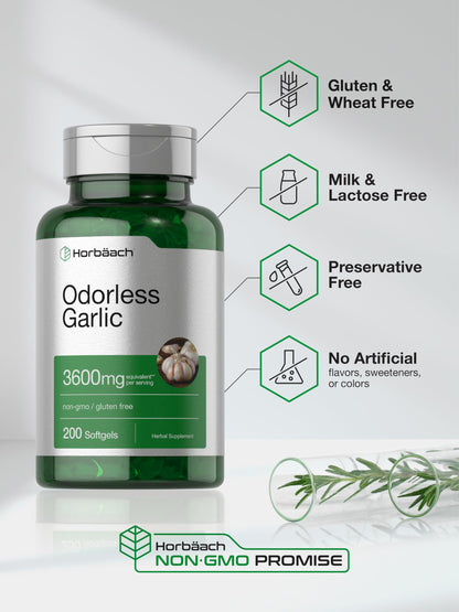 Horbäach odorless garlic 200 count bottle showcasing health benefits labels.