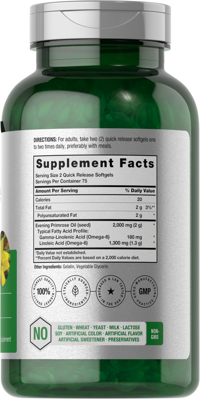 Horbaach Evening Primrose Oil 150 softgels dietary facts panel