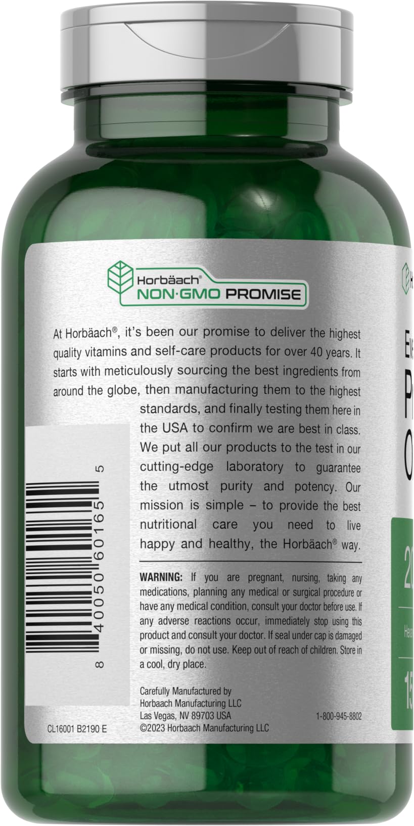 Horbaach Evening Primrose Oil capsules cold pressed hexane free logo details