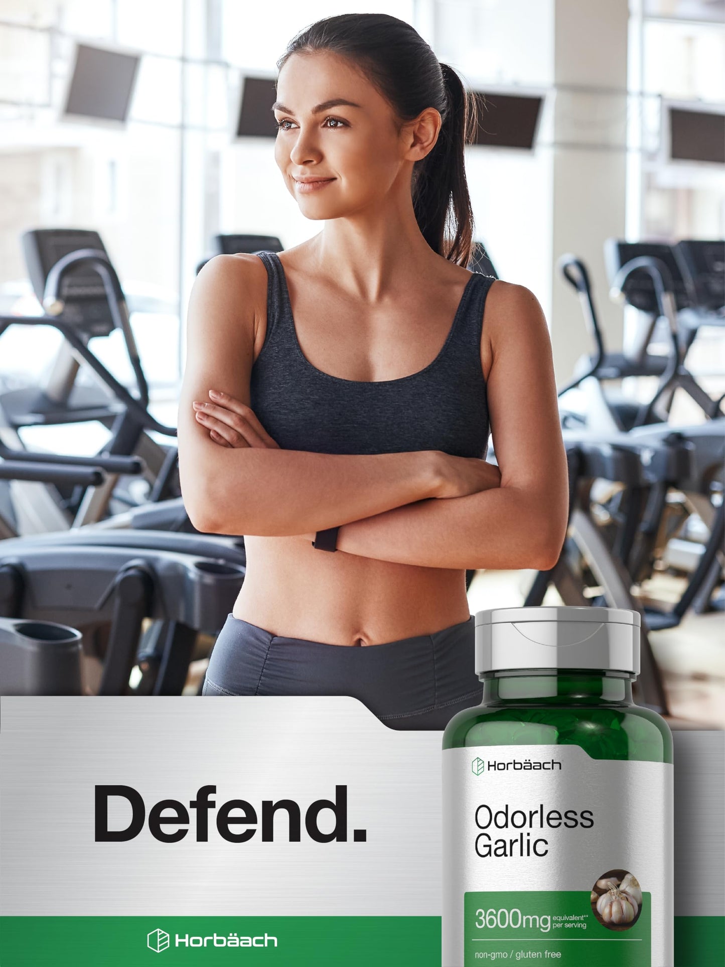 Horbäach garlic dietary supplement bottle placed upright on a white surface.