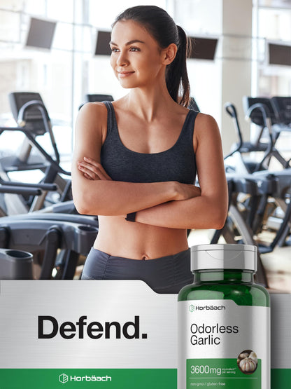 Horbäach garlic dietary supplement bottle placed upright on a white surface.
