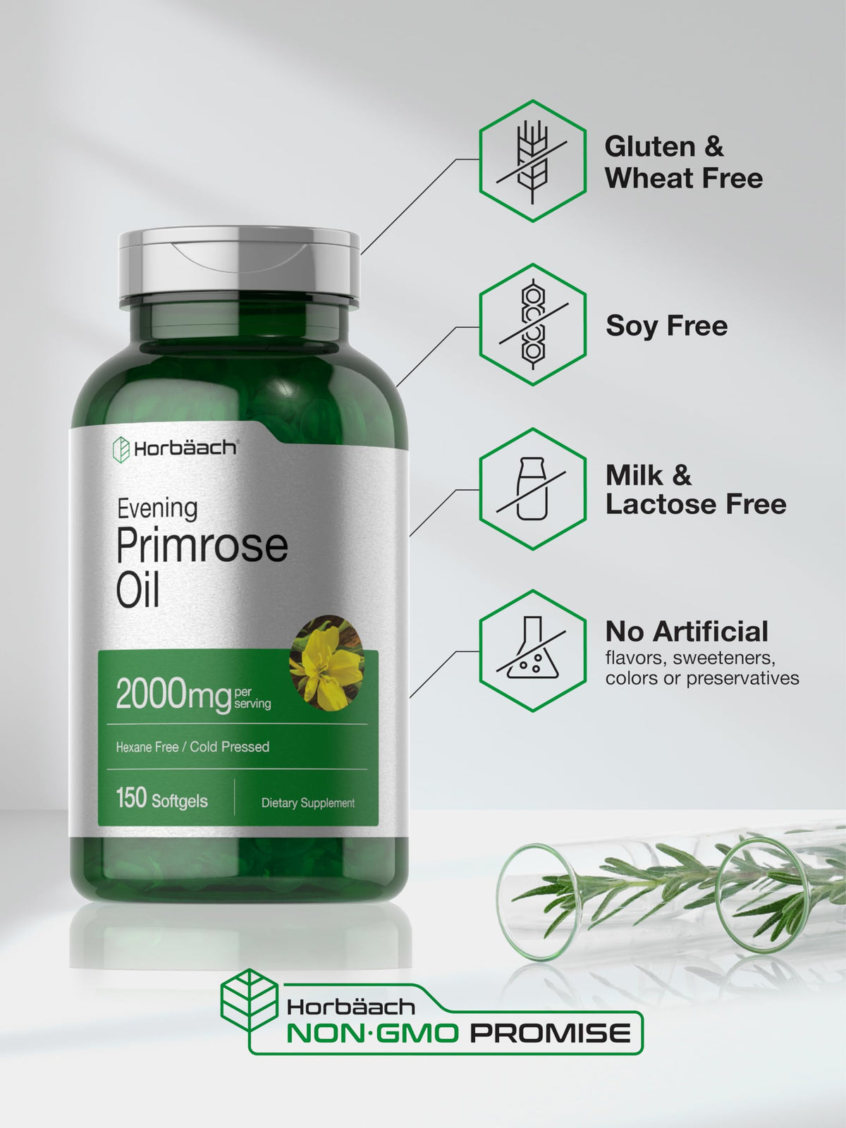 Horbaach evening primrose oil quick release softgels spilled on flat surface