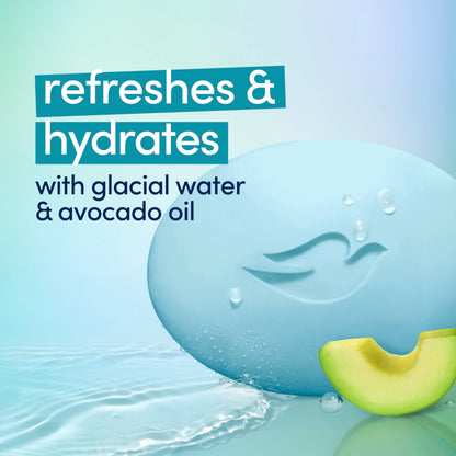 Side angle view of the premium Dove avocado oil and glacial water bath soap boxes