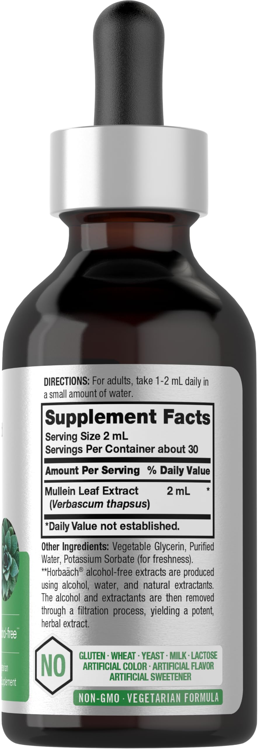 Horbäach Mullein Leaf Extract liquid dropper bottle packaging details