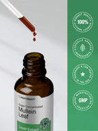 Close up of Horbäach Mullein Leaf Extract label and certification icons