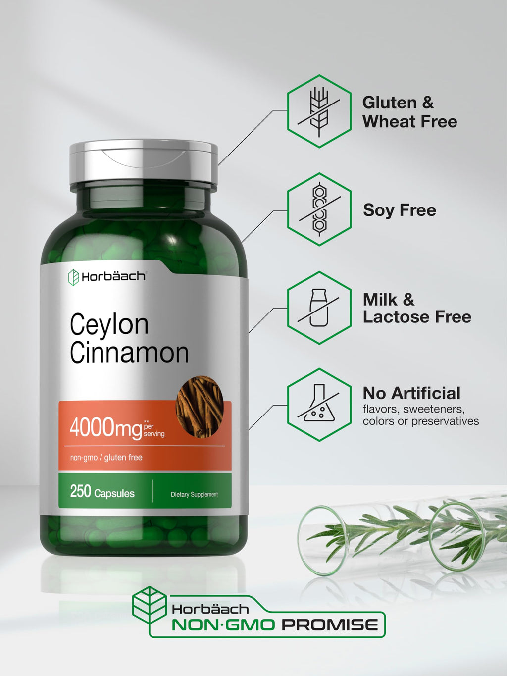 Back of Horbäach Ceylon Cinnamon bottle showing ingredients
