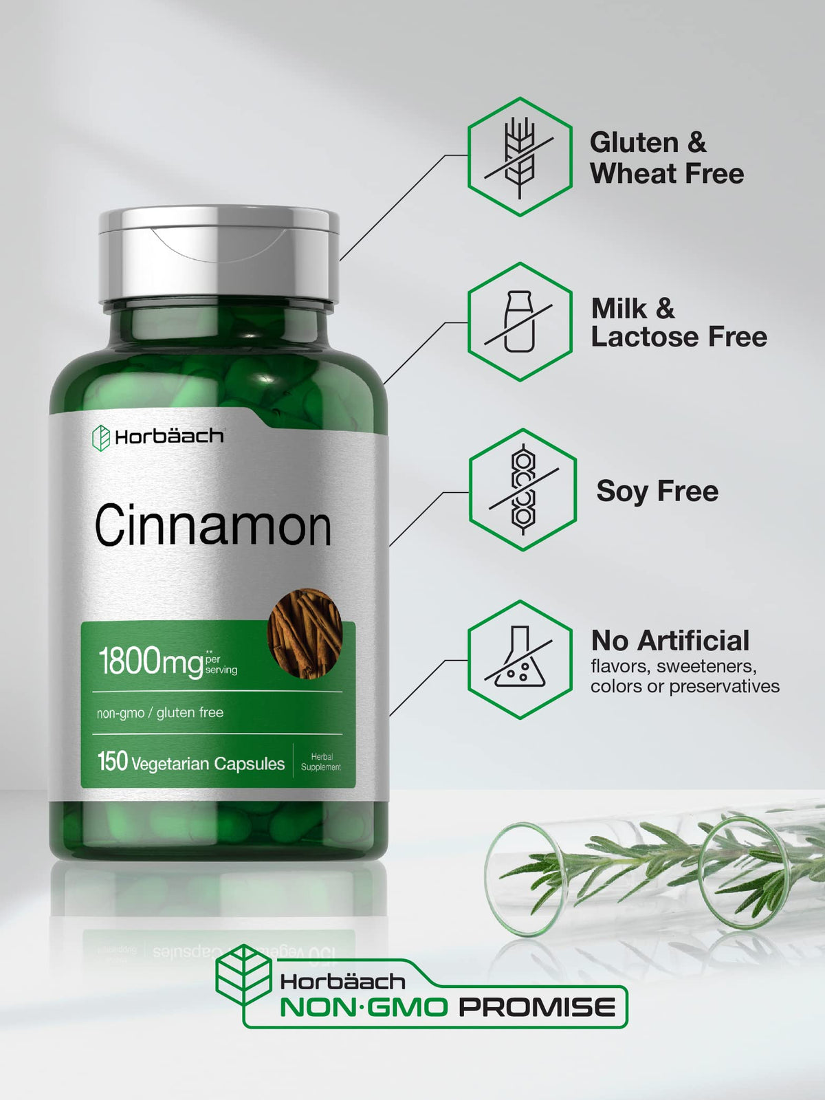Close up of Horbäach non-GMO vegetarian cinnamon capsules