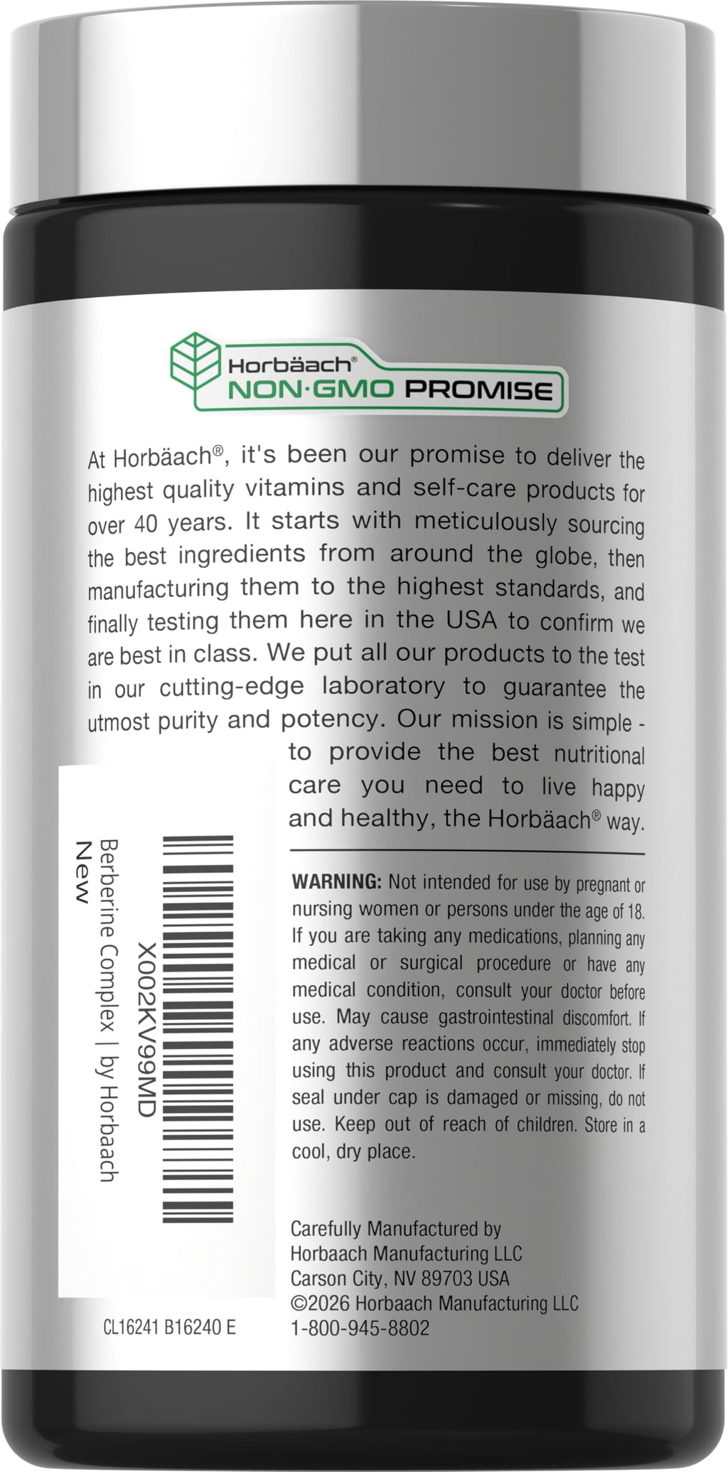 Horbäach Berberine 120 vegetarian capsules bottle side