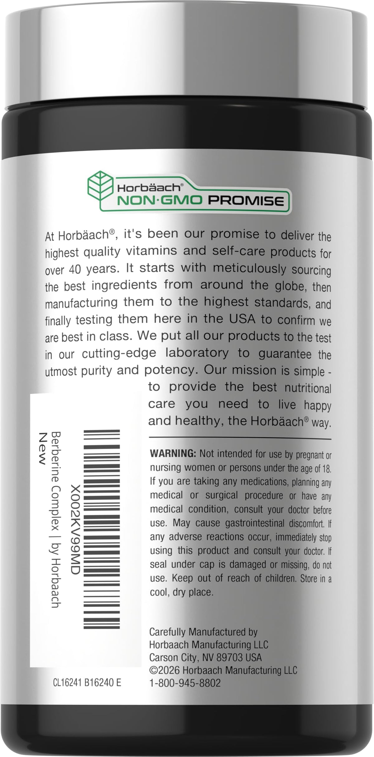 Horbäach Berberine 120 vegetarian capsules bottle side