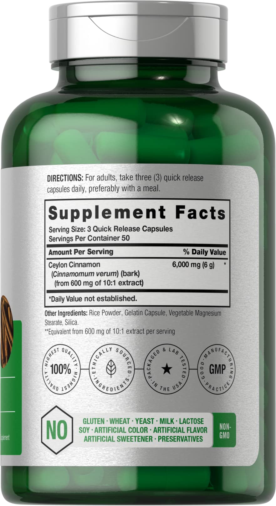Horbäach Ceylon Cinnamon True Cinnamon supplement bottle label details