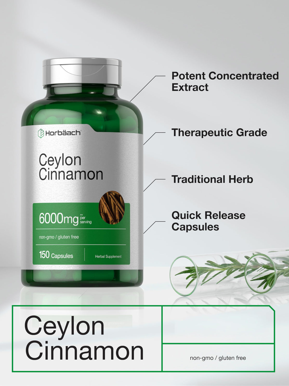 Side view of Horbäach Ceylon Cinnamon 6000mg bottle showing supplement facts