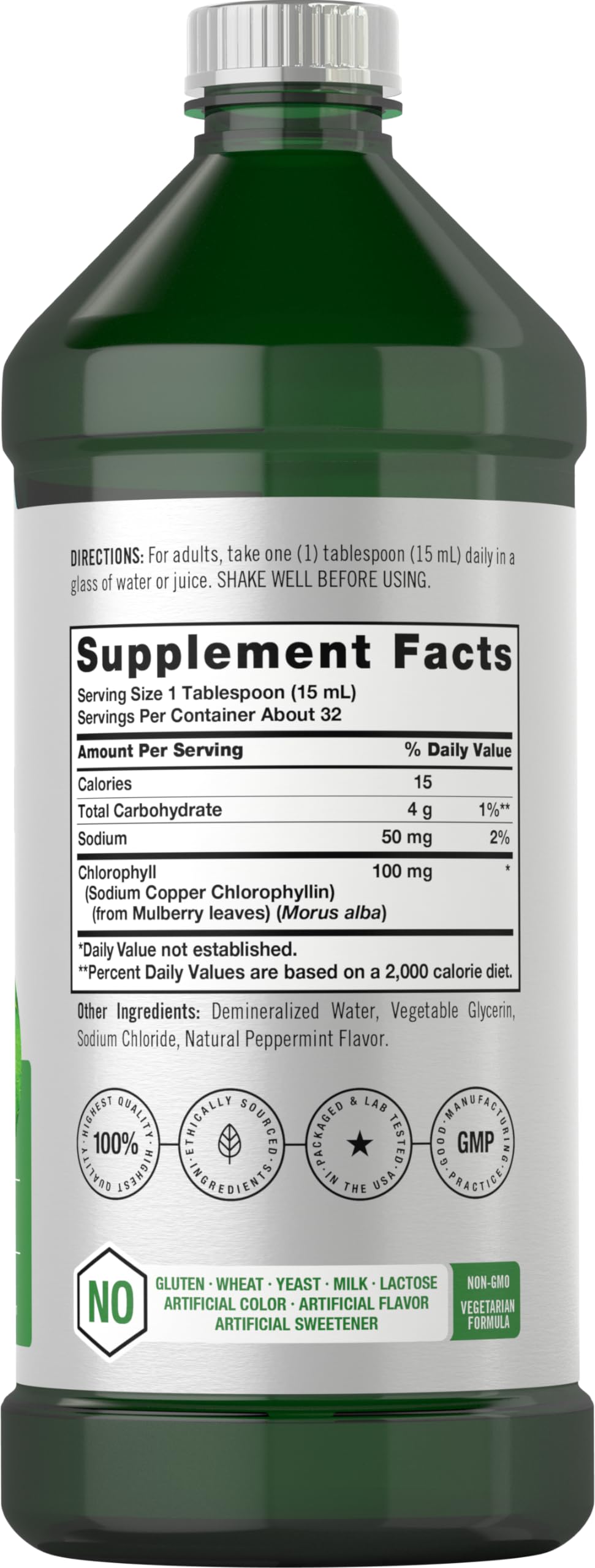 Horbäach Liquid Chlorophyll 100mg peppermint flavor nutritional supplement facts panel