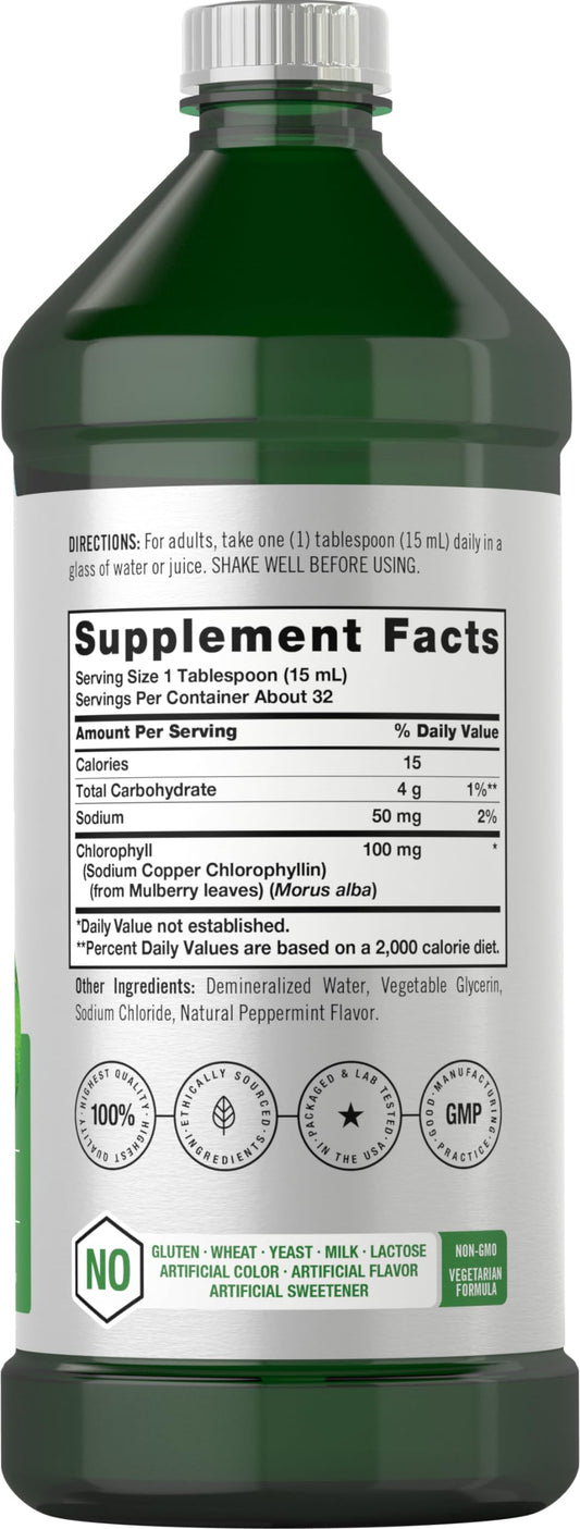 Horbäach Liquid Chlorophyll 100mg peppermint flavor nutritional supplement facts panel