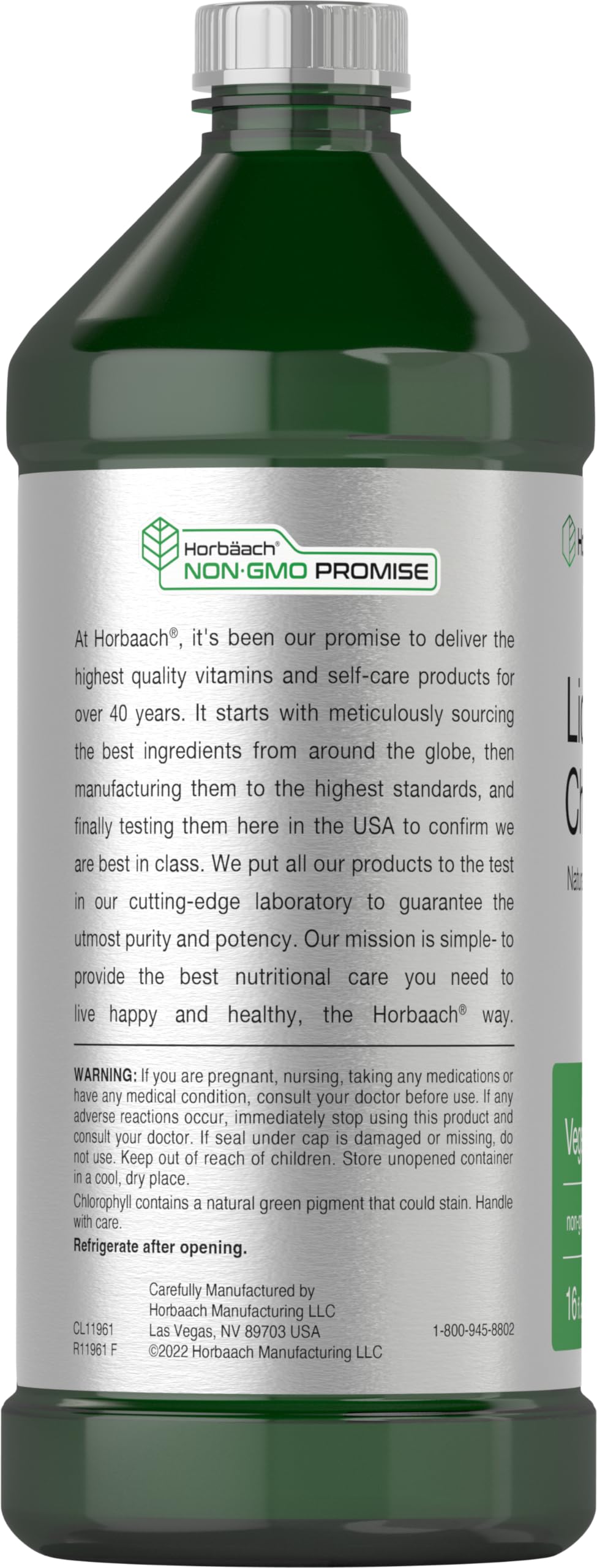 Horbäach Chlorophyll Liquid 473 mL bottle side view showing manufacturing details