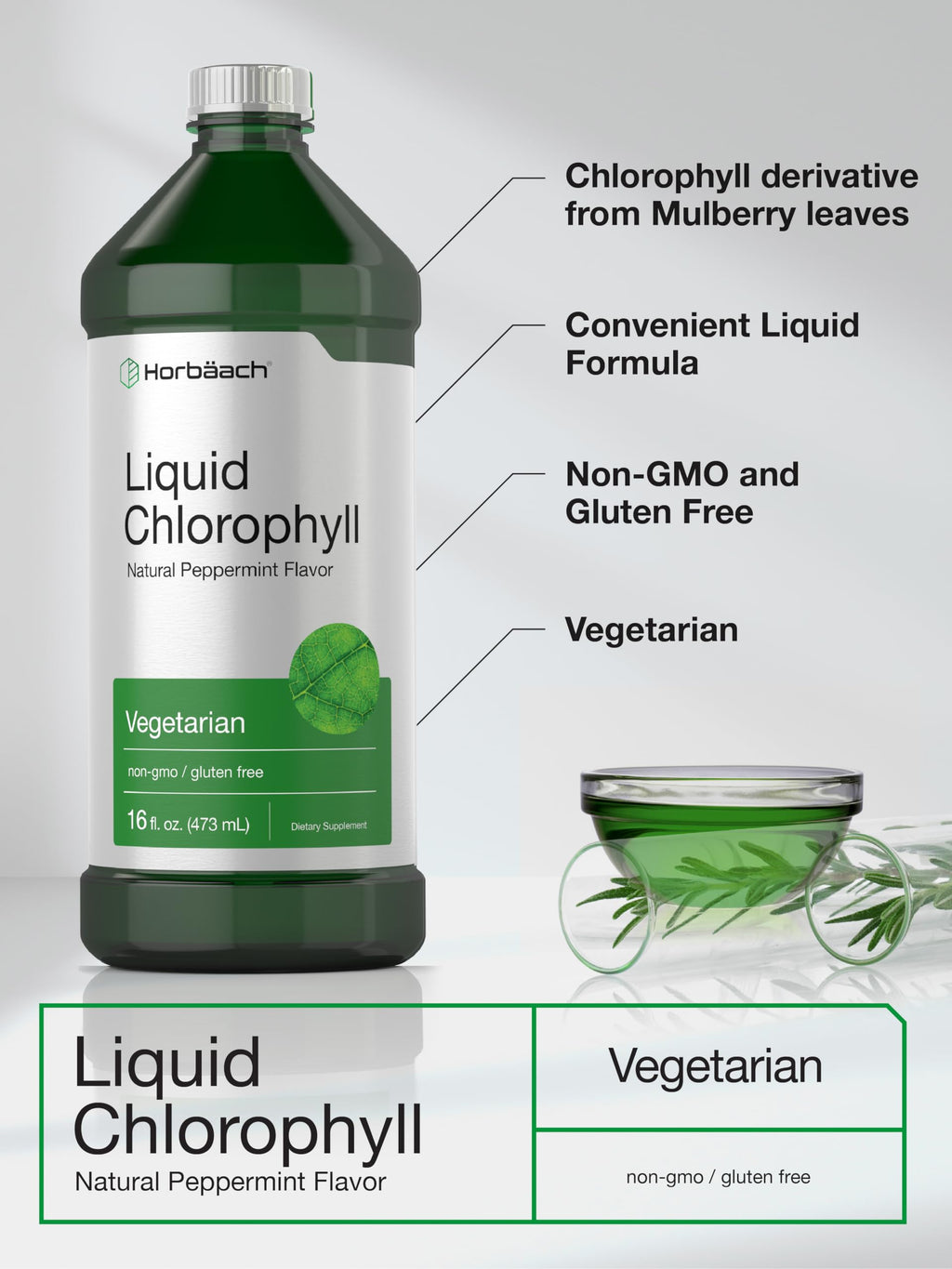 Two bottles of Horbäach Peppermint Chlorophyll Drops displaying vegetarian and gluten free labels